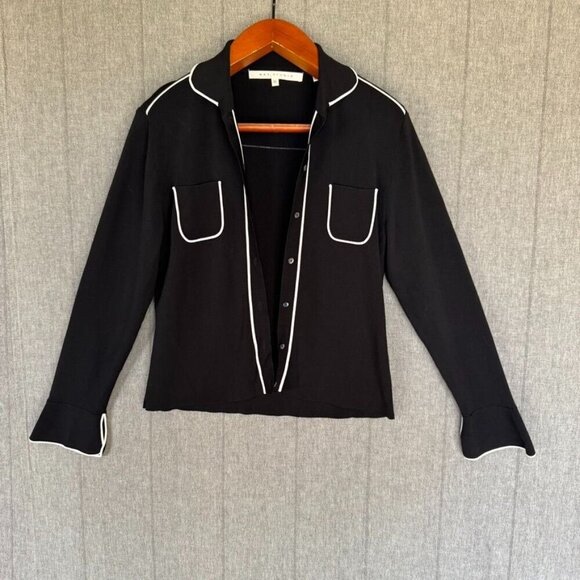 90s Vintage Max Studio Black Stretch Knit w/ White Piping Button Front Shirt - Picture 3 of 13